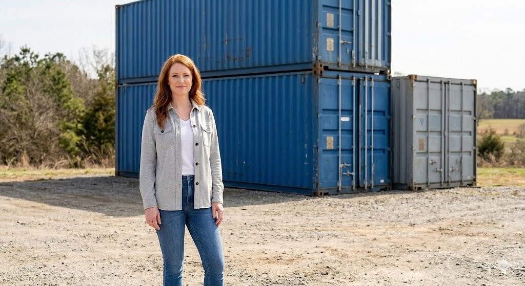 Ashley Brassfield, Owner of JK Shipping LLC, standing at the container yard in Cherokee, Alabama