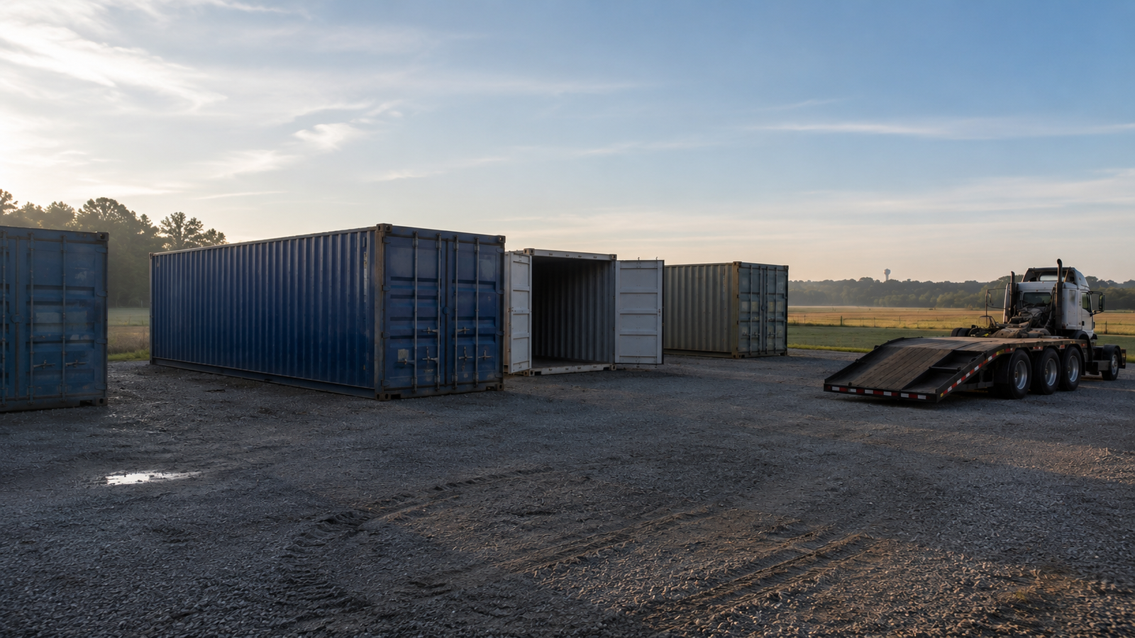 Shipping container being delivered by flatbed truck — site preparation guide JK Shipping LLC